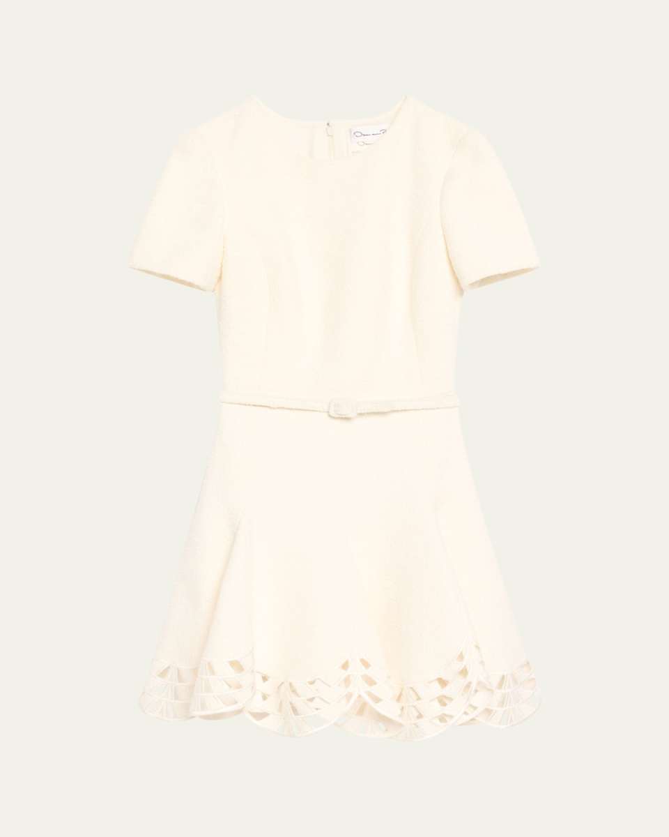 Short-Sleeve Cutout-Hem Tweed Mini Dress With Belt